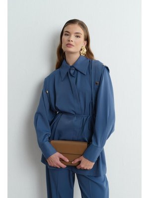 İndigo Volan Çıt Detaylı Gömlek Takım