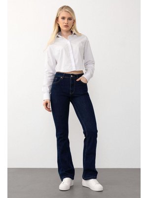 Koyu Mavi İspanyol Paça Jean Pantolon