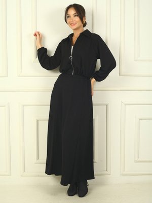 Siyah Önü Fermuarlı Ceket Beli Lastikli Uzun Etek Osyho 2'li Takım