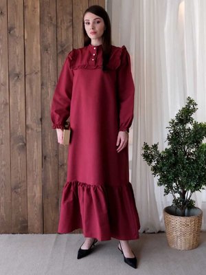 Bordo Yakası Fırfır Detay Elbise