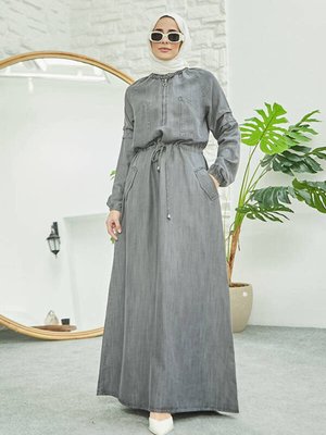 Denim Reglan Kollu Cepli Elbise Gri