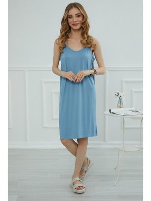 Mavi Askılı Penye Kısa Elbise,elb