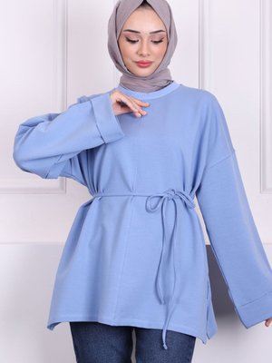 İndigo Dikiş Detaylı Yanları Yırtmaçlı Sweatshirt İndigo Dikiş Detaylı Yanları Yırtmaçlı Sweatshirt