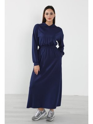 Lacivert Rahat Kesim Günlük Kapüşonlu Elbise,elb
