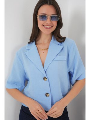 Mavi Crop Keten Ceket Mavi Crop Keten Ceket