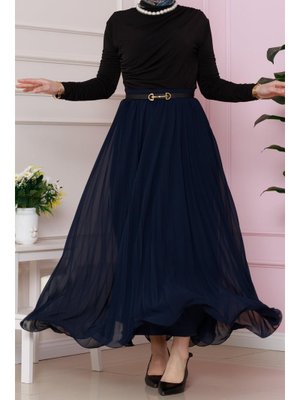 Lacivert Piliseli Şifon Etek Lacivert Piliseli Şifon Etek