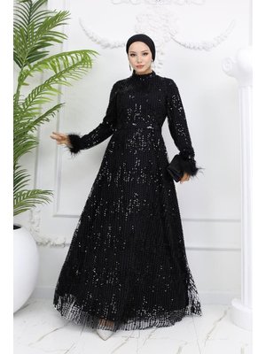 Siyah Süzen Boncuklu Abiye Elbise