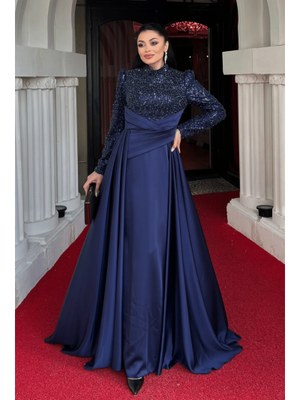 Lacivert Üstü Boncuk Alt Saten Pelerin Detaylı Abiye Elbise