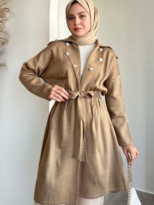 Düğme Detay Bağcıklı Bej Triko Hırka Düğme Detay Bağcıklı Bej Triko Hırka