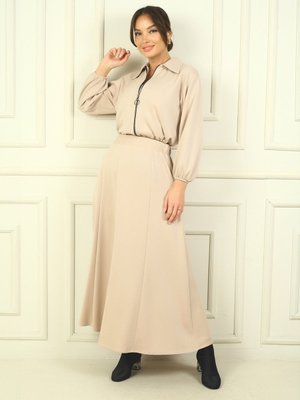 Taş Rengi Önü Fermuarlı Ceket Beli Lastikli Uzun Etek Osyho 2'li Takım