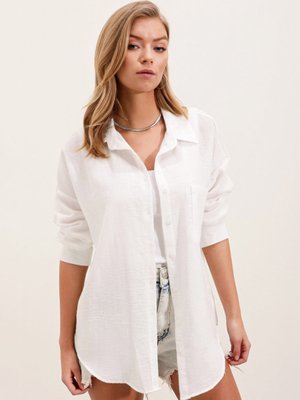 Beyaz Tek Cepli Oversize Keten Gömlek Beyaz Tek Cepli Oversize Keten Gömlek
