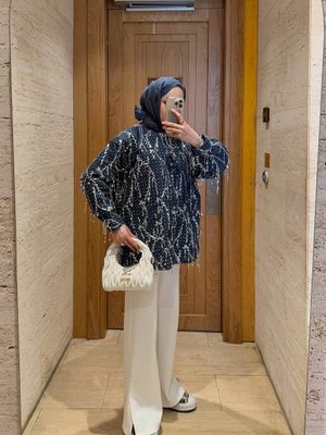 Lacivert Payetli Kot Ceket