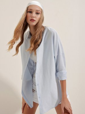 Açık Mavi Oversize Uzun Basic Gömlek Açık Mavi Oversize Uzun Basic Gömlek