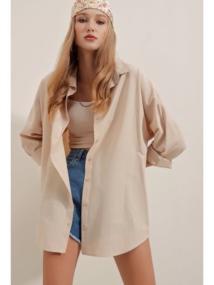 Krem Oversize Uzun Basic Gömlek Krem Oversize Uzun Basic Gömlek