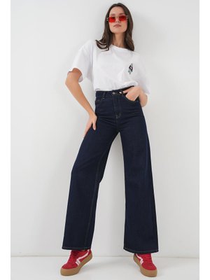 K. Lacivert Bol Paça Yüksek Bel Palazzo Kot Pantolon K. Lacivert Bol Paça Yüksek Bel Palazzo Kot Pantolon