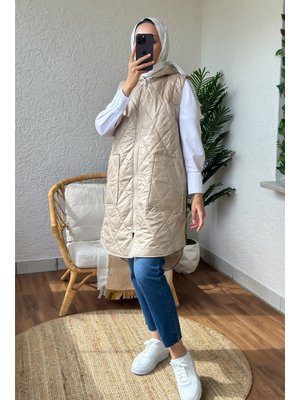 Taş Rengi Önü Fermuarlı Kapüşonlu Yelek