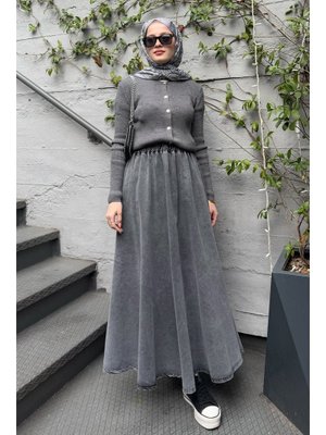 Beli Lastikli Gri Kot Etek