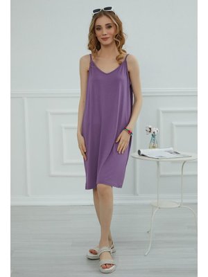 Lila Askılı Penye Kısa Elbise,elb