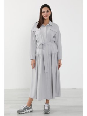 Açık Gri Rahat Kesim Aerobin Gömlek Elbise,elb