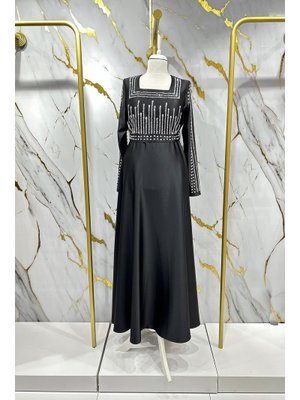 Siyah Kadem Saten Abiye Elbise