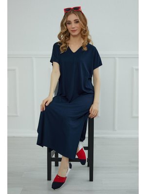 Lacivert Yırtmaçlı Penye Elbise,elb