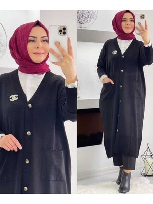 Harika Düğmeli Cepli Uzun Triko Hırka