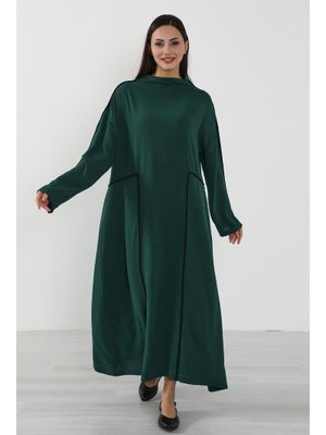 Koyu Yeşil Rahat Kesim Şerit Detaylı Aerobin Elbise,elb
