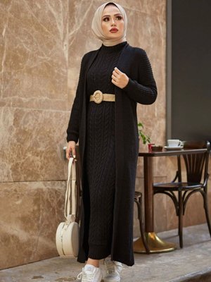 Siyah Saç Örgü Desenli Triko Elbise Ceket Takım Siyah Saç Örgü Desenli Triko Elbise Ceket Takım
