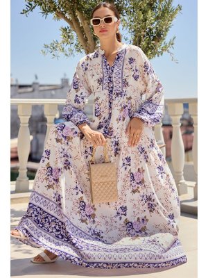 Mor Otantik Desenli Elbise