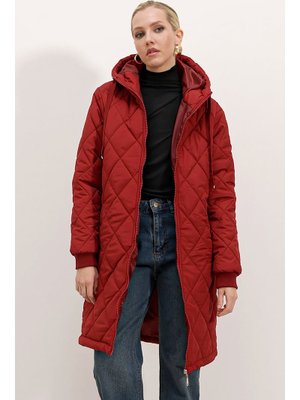 Bordo Kapitone Uzun Şişme Mont Bordo Kapitone Uzun Şişme Mont