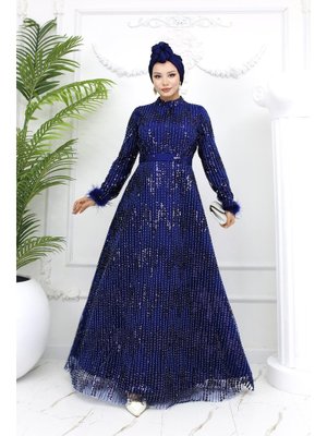 Lacivert Süzen Boncuklu Abiye Elbise