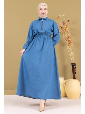 Açık Mavi Fermuarlı Beli Lastikli Kot Elbise