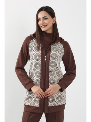 Kahverengi Dantel Detaylı Fermuarlı Kapüşonlu Hırka Swet,sw