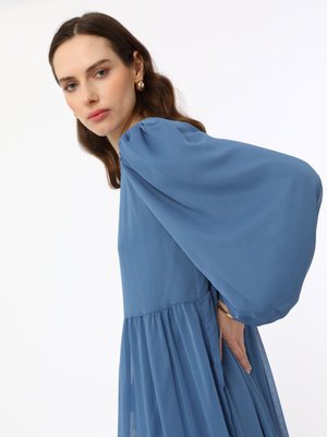 İndigo Balon Kol Astarlı Şifon Elbise