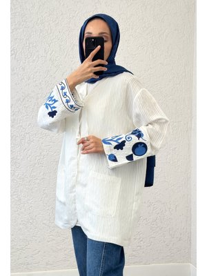 Beyaz Kolu Nakışlı Kimono