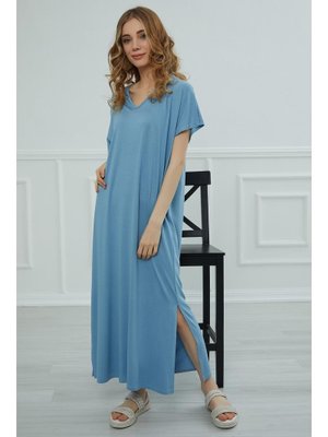 Mavi Yırtmaçlı Penye Elbise,elb