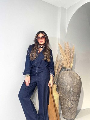 Lacivert Beli Lastikli Bol Paça Jean Pantolon