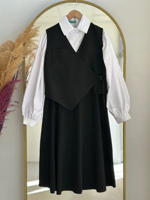 Manolya Etekli Yelekli Tek Cepli Takım Siyah