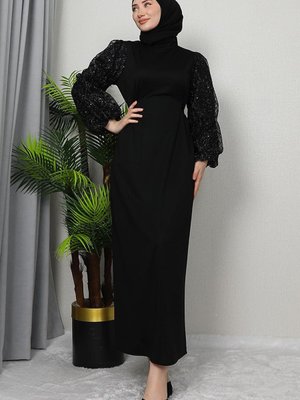 Kolu Tüllü Krep Elbise Siyah Kolu Tüllü Krep Elbise Siyah