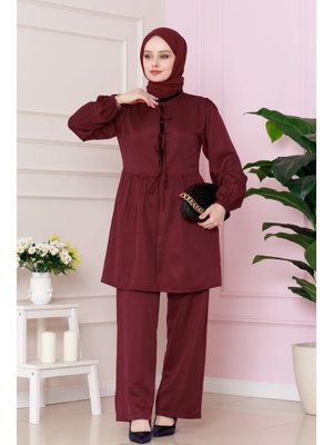 Bordo Önü Bağlamalı Pantolonlu Takım