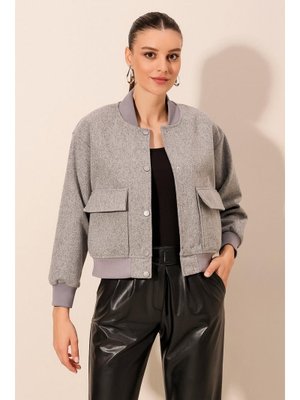 Gri Çift Cepli Bomber Ceket