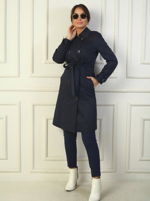 Lacivert Önü Düğmeli Beli Kuşaklı Cepli Pardesü