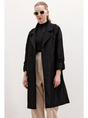 Siyah Kruvaze Yaka Astarlı Trençkot Siyah Kruvaze Yaka Astarlı Trençkot