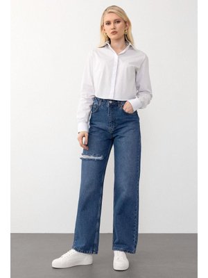 Mavi Yüksek Bel Geniş Paça Yırtık Jean Pantolon