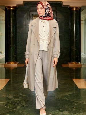 Gri Çizgili Desen Kuşak Kapamalı Trençkot