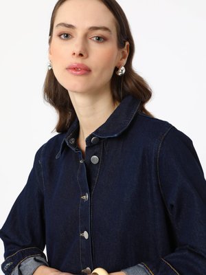 Mavi Düğme Detaylı Katlı Denim Elbise