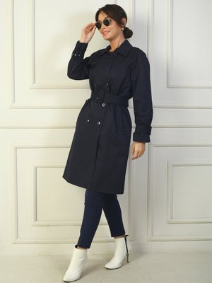 Lacivert Beli Ve Kolları Kemerli Önü Düğmeli Cepli Pardesü