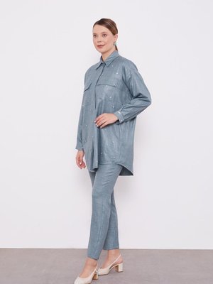 Yeşil Taş İşlemeli Melanj Gömlek İkili Takım