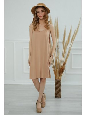 Sütlü Kahve Askılı Penye Kısa Elbise,elb