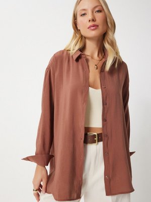 Kahverengi Oversize Uzun Keten Ayrobin Gömlek Kahverengi Oversize Uzun Keten Ayrobin Gömlek